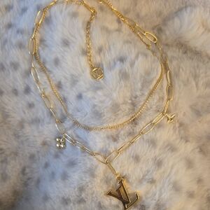Gold Chain Necklace with LV Initial Pendant